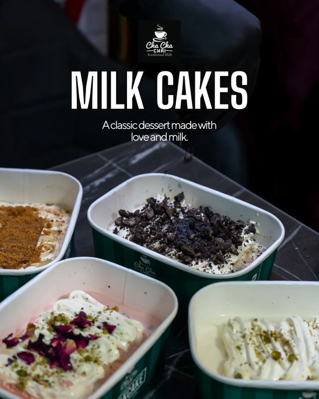 Four milkcakes in branded tubs: Biscoff, Oreo, rose and pistachio